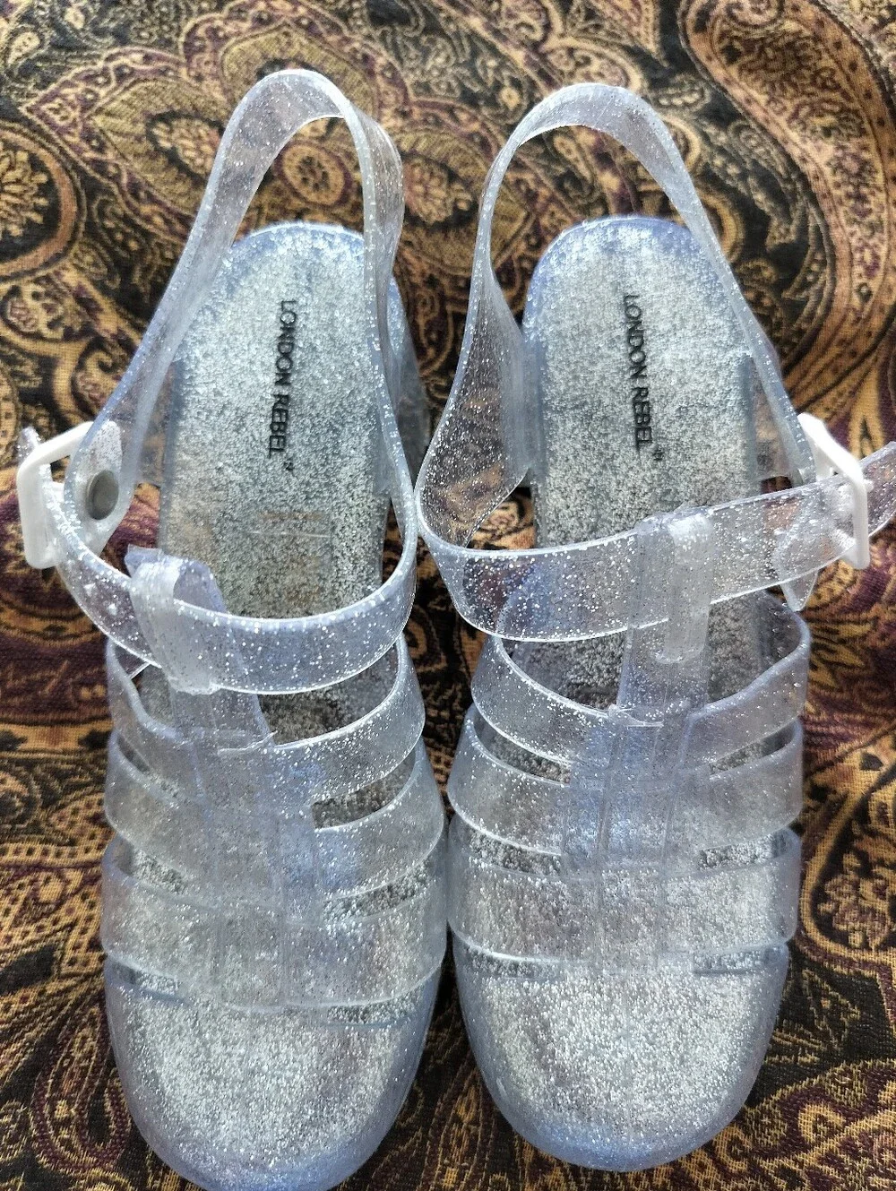 London Rebel Size 10 Clear Silver Glitter Heeled Jelly Sandals EUC - Picture 1 of 11
